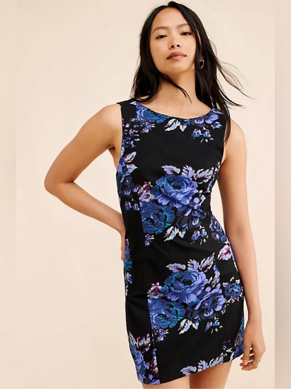Free People Mayberry Black Mini Dress with Blue Floral Print & Open Back Detail
